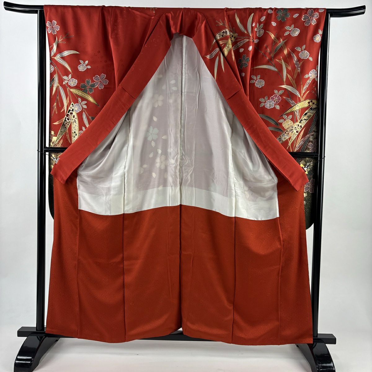 振袖禮服 身長159cm 袖長65cm M 雙層 櫻花 蘆竹子 金絲 金銀彩 朱 純蠶絲 優品級