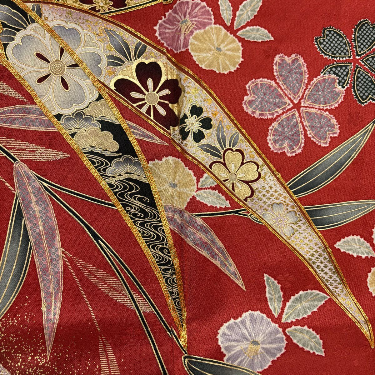 振袖禮服 身長159cm 袖長65cm M 雙層 櫻花 蘆竹子 金絲 金銀彩 朱 純蠶絲 優品級