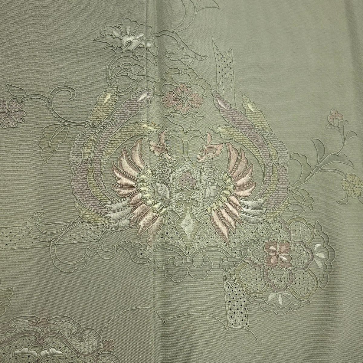 付下 身長156cm 袖長63.5cm S 雙層 向鳥 華紋 刺繡 淺綠 純蠶絲 優品級