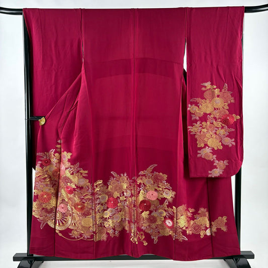 振袖禮服 身長155cm 袖長67cm M 雙層 花車 菊花 金銀彩 刺繡 紅紫 純蠶絲 秀品級
