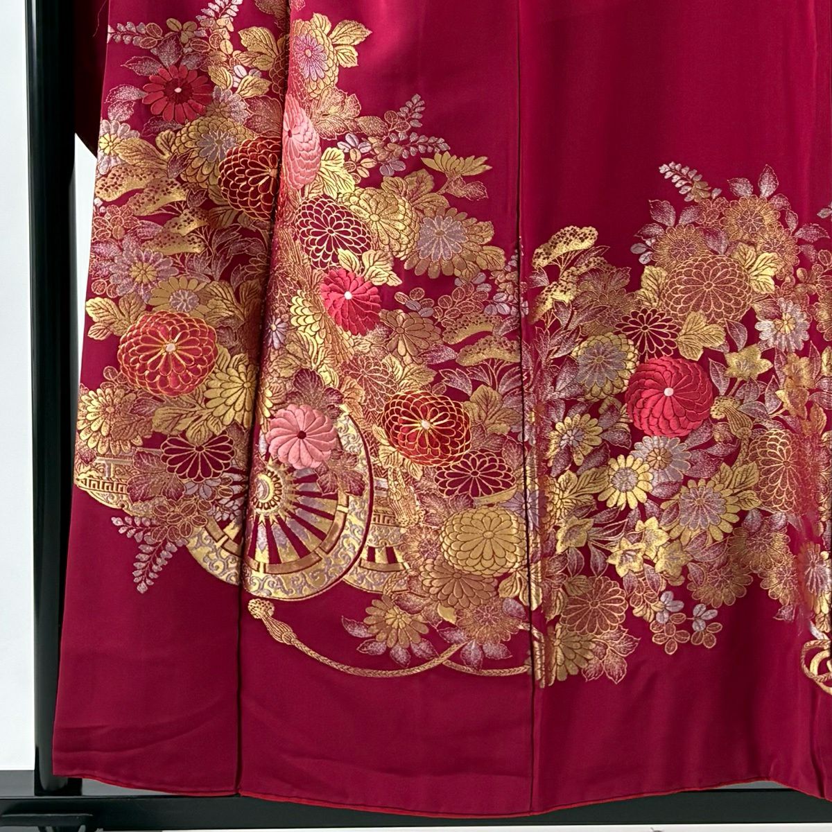 振袖禮服 身長155cm 袖長67cm M 雙層 花車 菊花 金銀彩 刺繡 紅紫 純蠶絲 秀品級