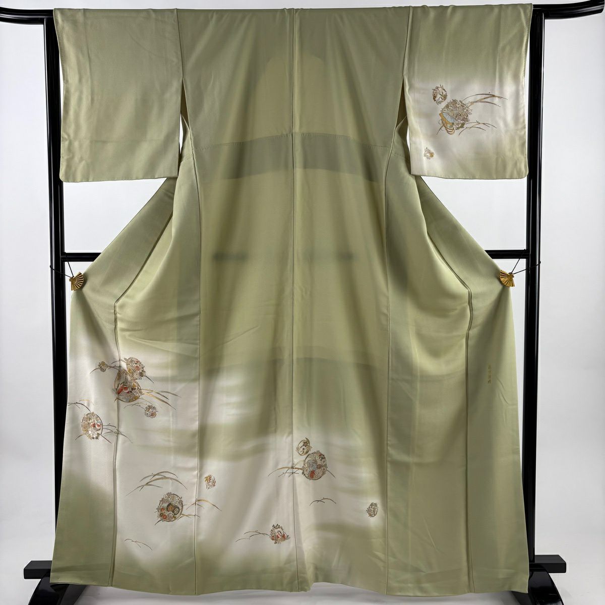 付下 身長164.5cm 袖長64cm M 雙層 花鳥 露芝 金銀彩 蘇州刺繡 淺綠 純蠶絲 優品級