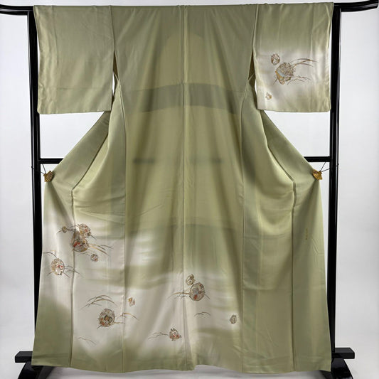 付下 身長164.5cm 袖長64cm M 雙層 花鳥 露芝 金銀彩 蘇州刺繡 淺綠 純蠶絲 優品級