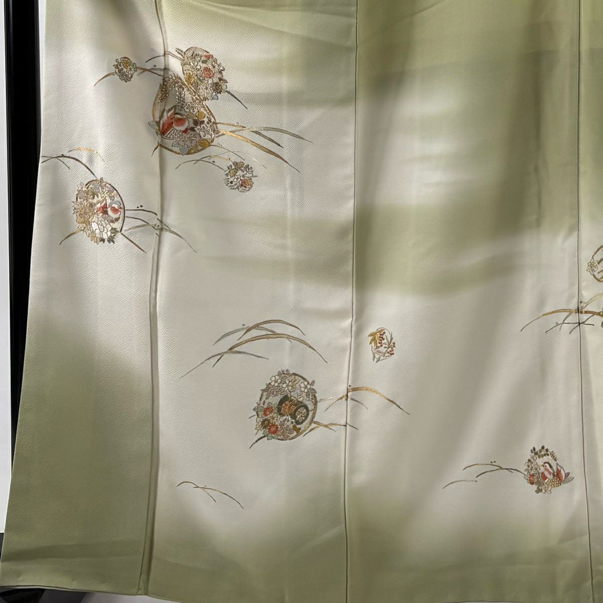 付下 身長164.5cm 袖長64cm M 雙層 花鳥 露芝 金銀彩 蘇州刺繡 淺綠 純蠶絲 優品級