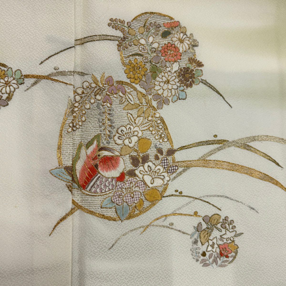 付下 身長164.5cm 袖長64cm M 雙層 花鳥 露芝 金銀彩 蘇州刺繡 淺綠 純蠶絲 優品級