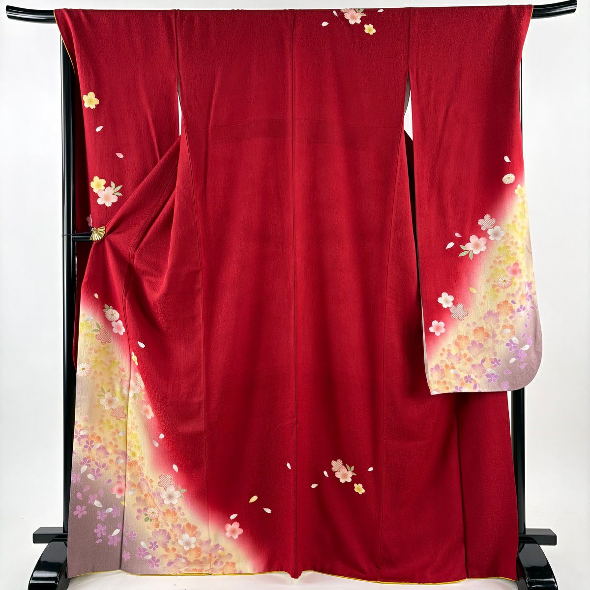 振袖禮服 身長167.5cm 袖長69.5cm L 雙層 櫻花 菊花花 金銀彩 漸層 紅 純蠶絲 優品級