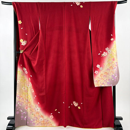 振袖禮服 身長167.5cm 袖長69.5cm L 雙層 櫻花 菊花花 金銀彩 漸層 紅 純蠶絲 優品級