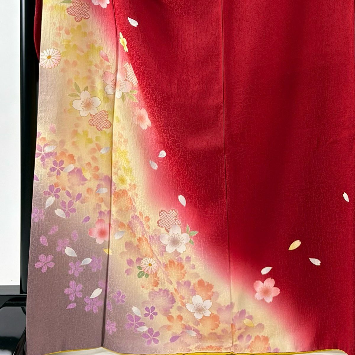 振袖禮服 身長167.5cm 袖長69.5cm L 雙層 櫻花 菊花花 金銀彩 漸層 紅 純蠶絲 優品級