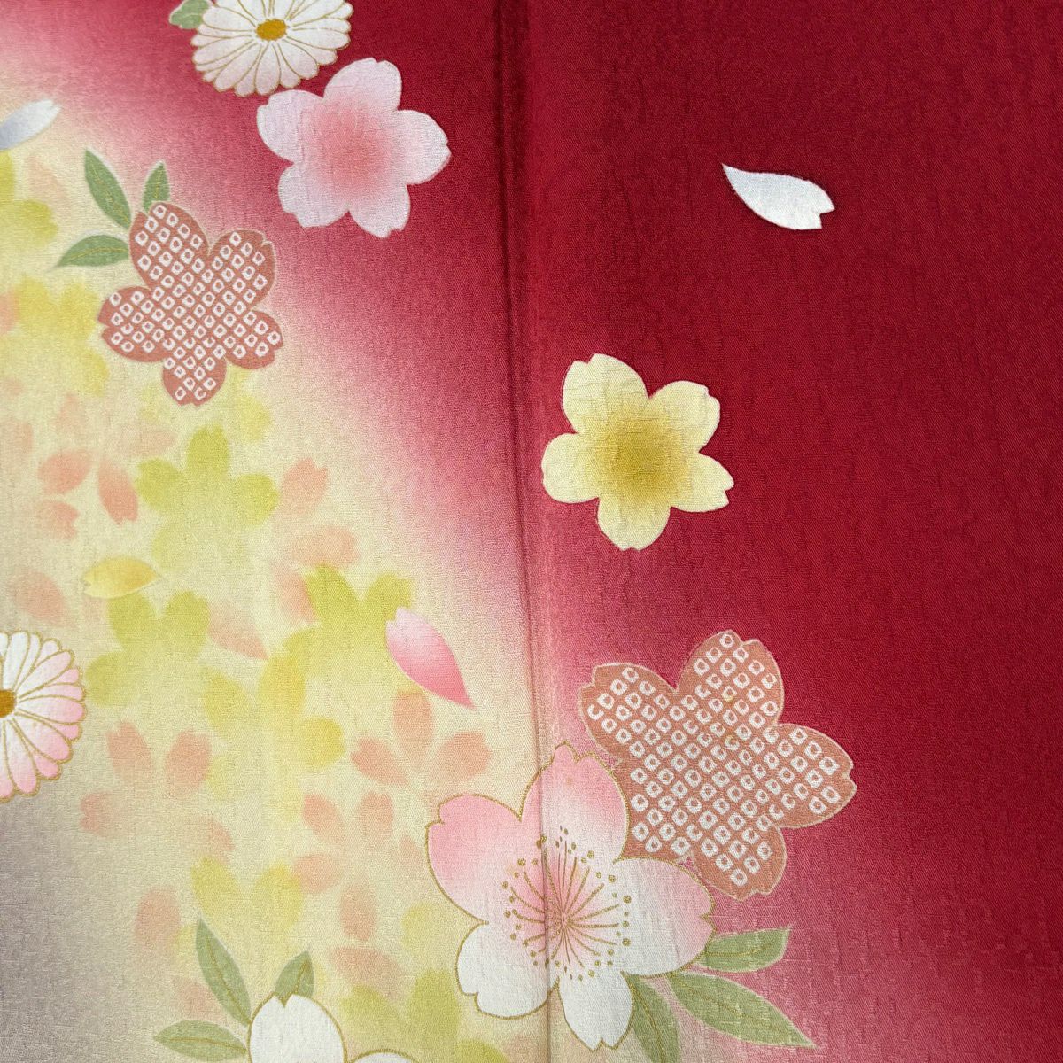 振袖禮服 身長167.5cm 袖長69.5cm L 雙層 櫻花 菊花花 金銀彩 漸層 紅 純蠶絲 優品級