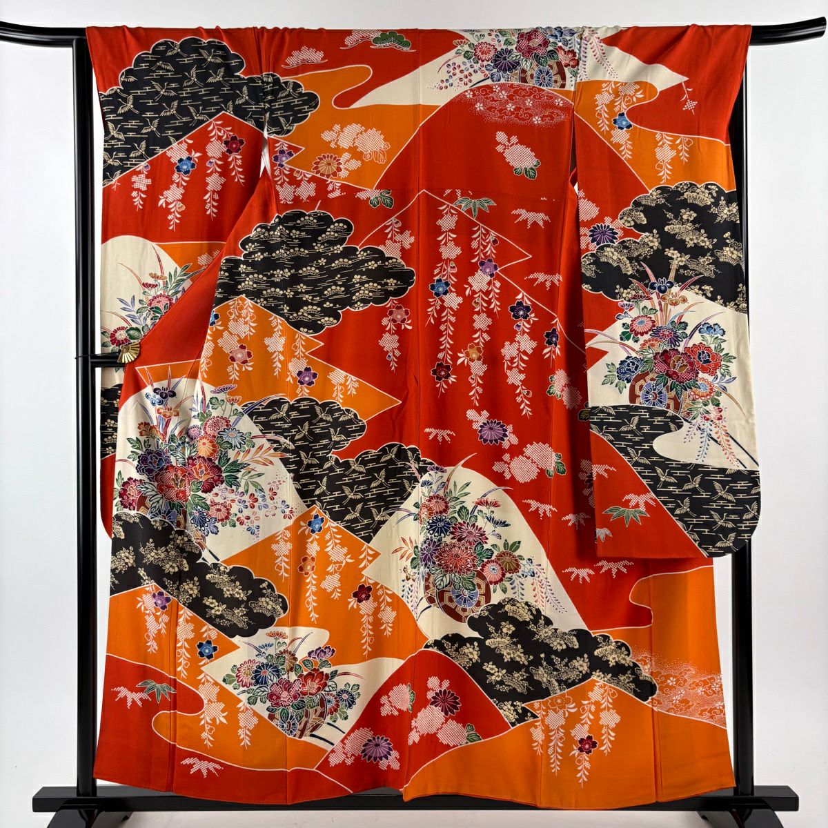 振袖禮服 身長157cm 袖長67.5cm L 雙層 花車 雲紋 漸層 橙色 純蠶絲 優品級