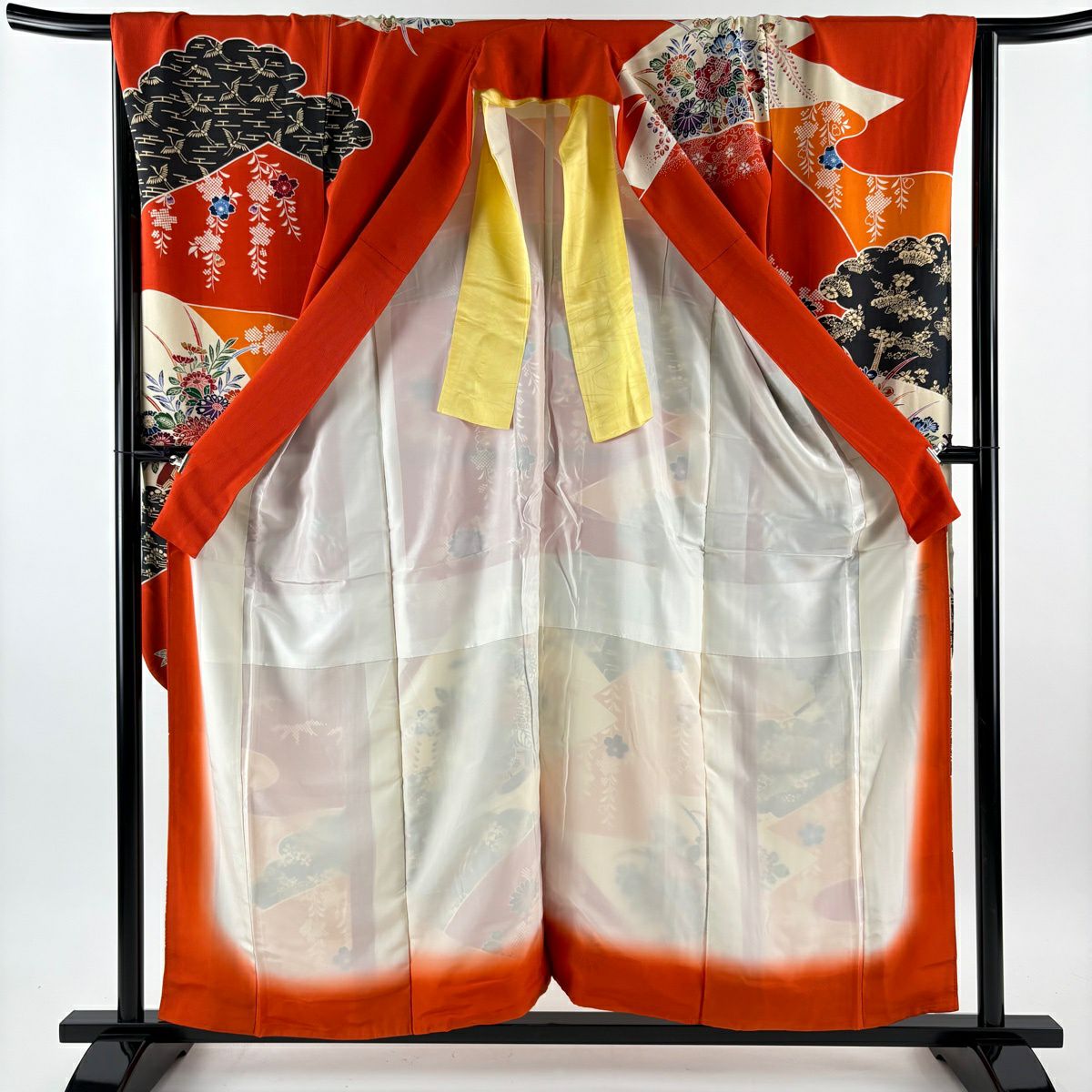 振袖禮服 身長157cm 袖長67.5cm L 雙層 花車 雲紋 漸層 橙色 純蠶絲 優品級