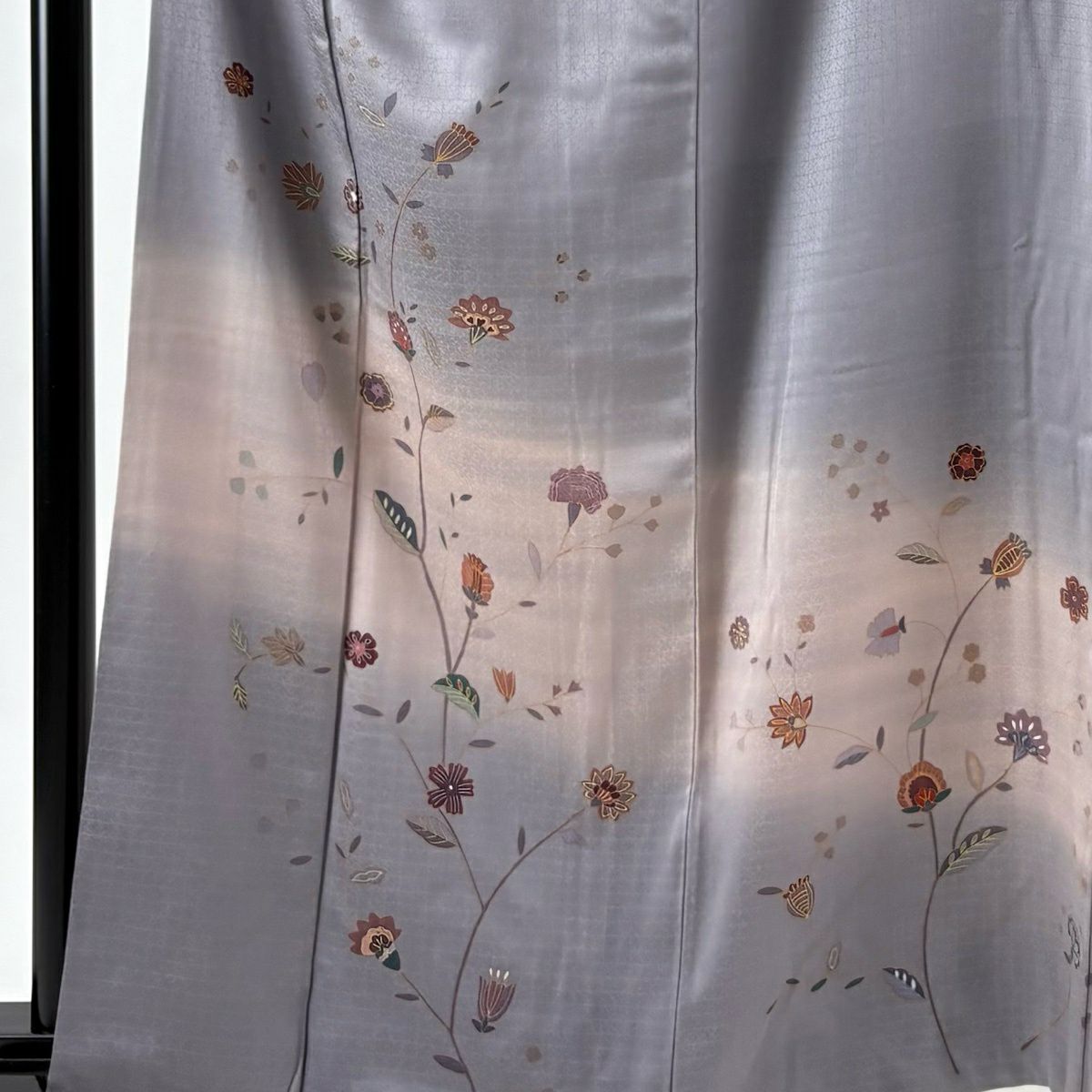 付下 身長162.5cm 袖長66cm M 雙層 草花紋紋 霞 漸層 灰紫 純蠶絲 優品級