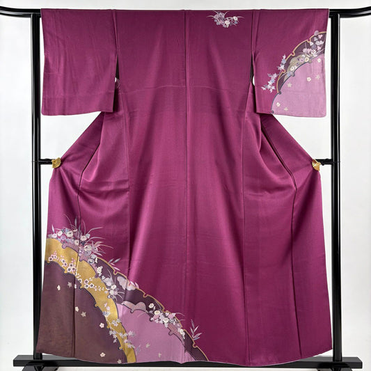 付下 身長158.5cm 袖長62.5cm S 雙層 雪輪 草花紋 金彩裝飾 紫 純蠶絲 優品級