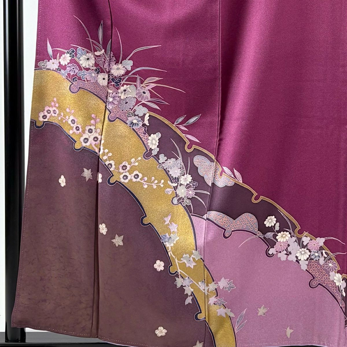 付下 身長158.5cm 袖長62.5cm S 雙層 雪輪 草花紋 金彩裝飾 紫 純蠶絲 優品級