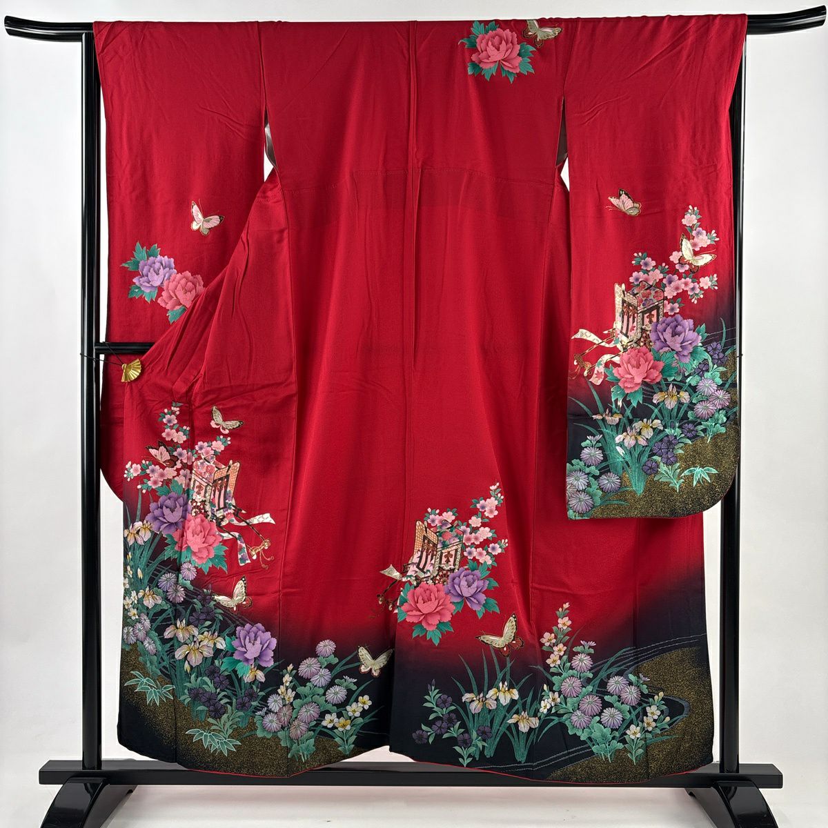 振袖禮服 身長157cm 袖長65cm M 雙層 御所車 草花紋紋 金銀彩 漸層 紅 純蠶絲 優品級