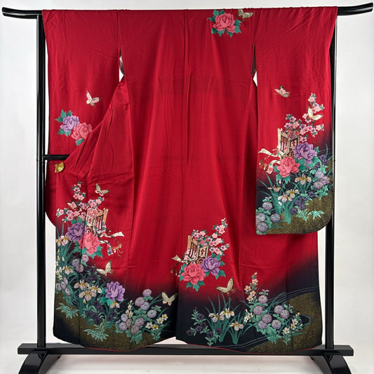 振袖禮服 身長157cm 袖長65cm M 雙層 御所車 草花紋紋 金銀彩 漸層 紅 純蠶絲 優品級