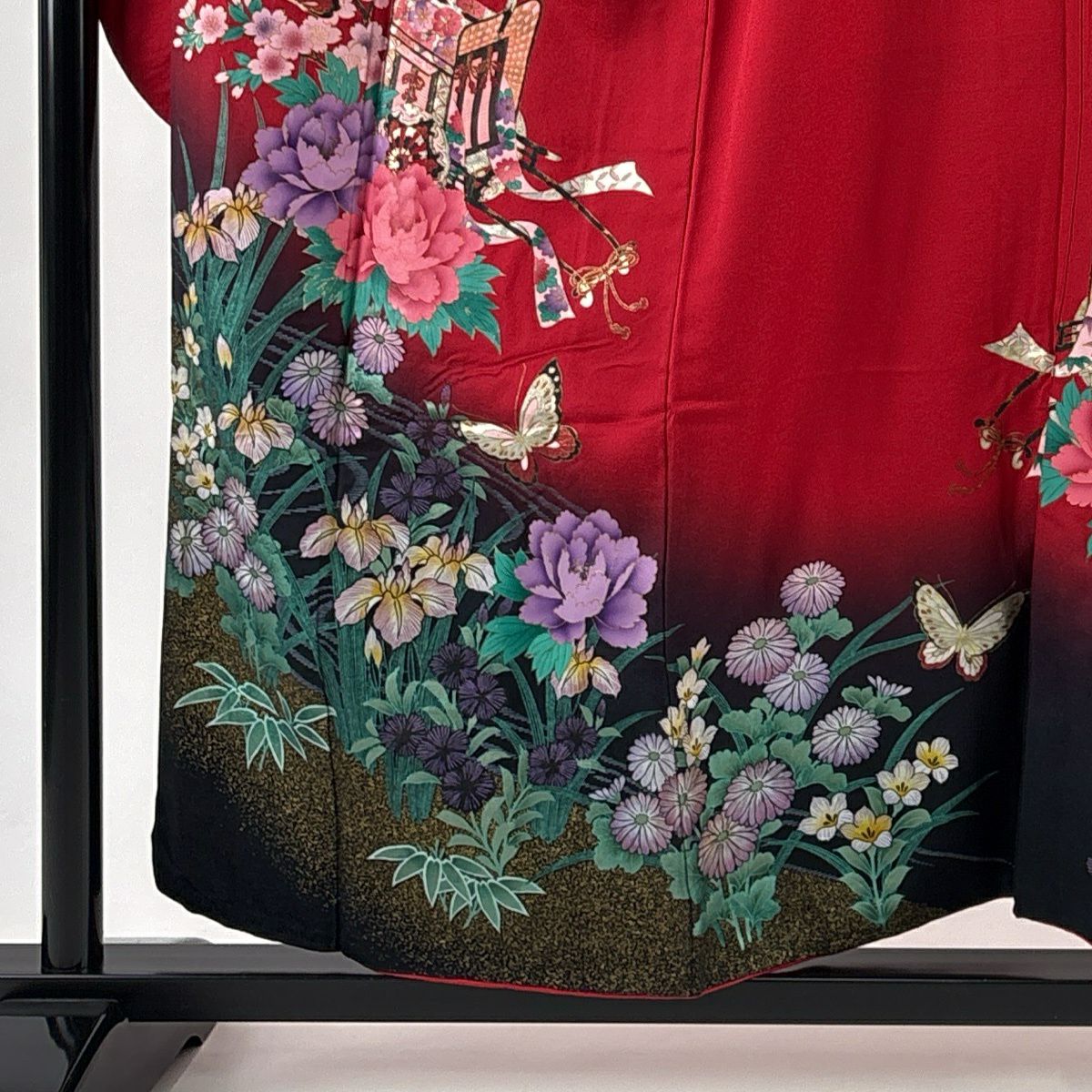 振袖禮服 身長157cm 袖長65cm M 雙層 御所車 草花紋紋 金銀彩 漸層 紅 純蠶絲 優品級