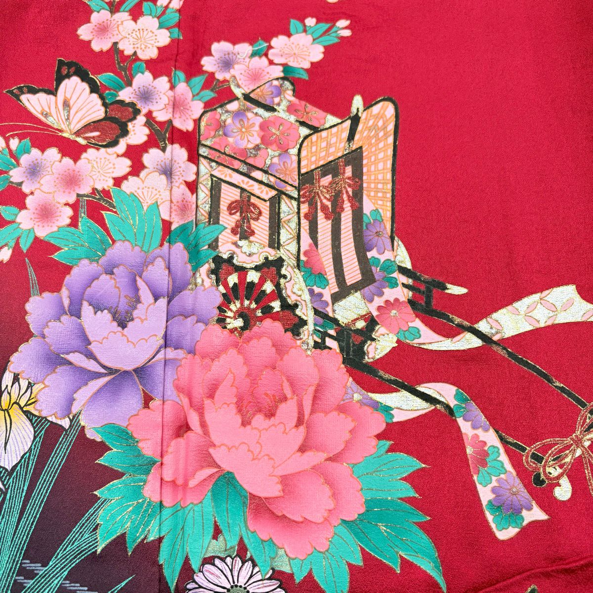 振袖禮服 身長157cm 袖長65cm M 雙層 御所車 草花紋紋 金銀彩 漸層 紅 純蠶絲 優品級