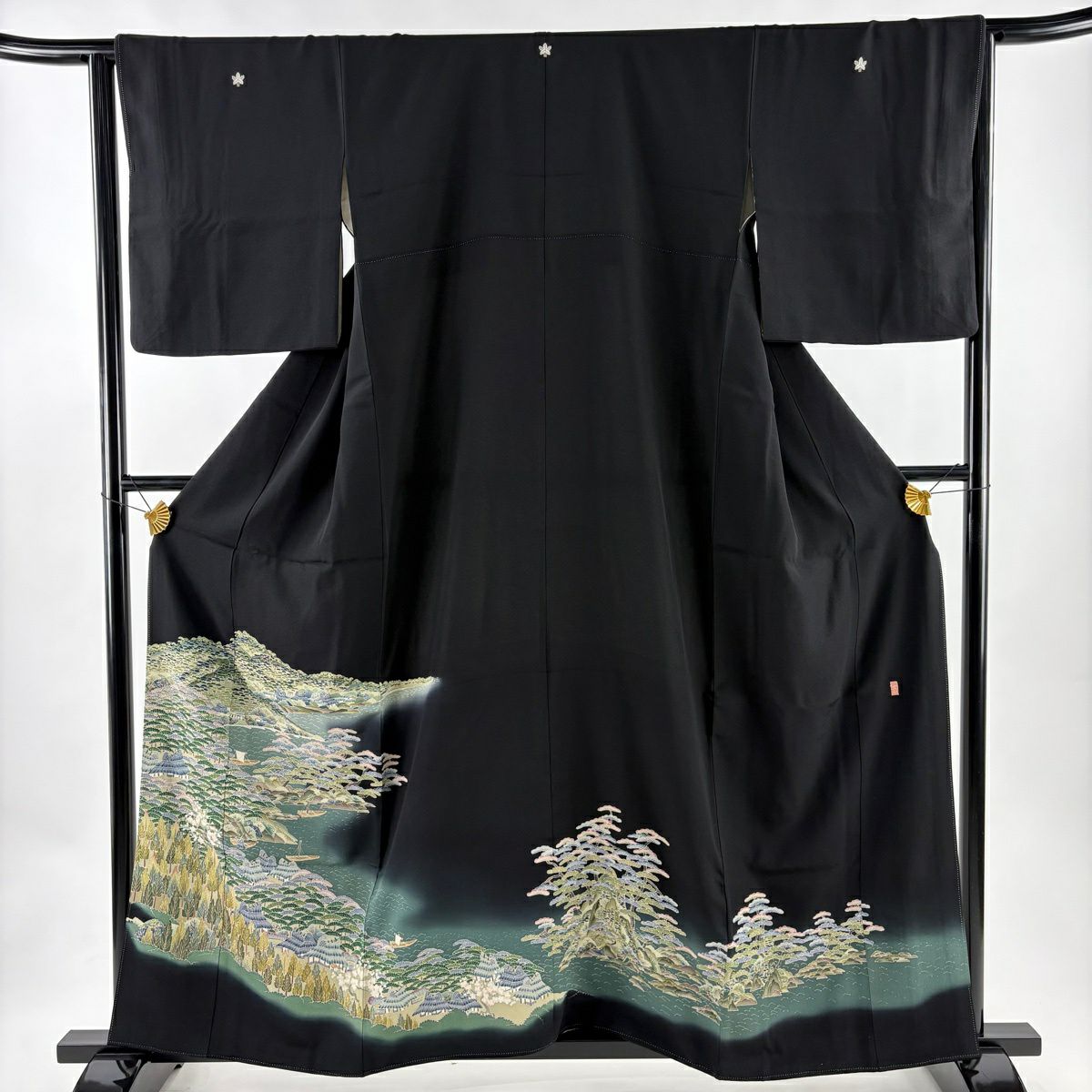 黑留袖禮服 身長159.5cm 袖長64cm M 雙層 有落款 風景 船 漸層 黑 純蠶絲 優品級