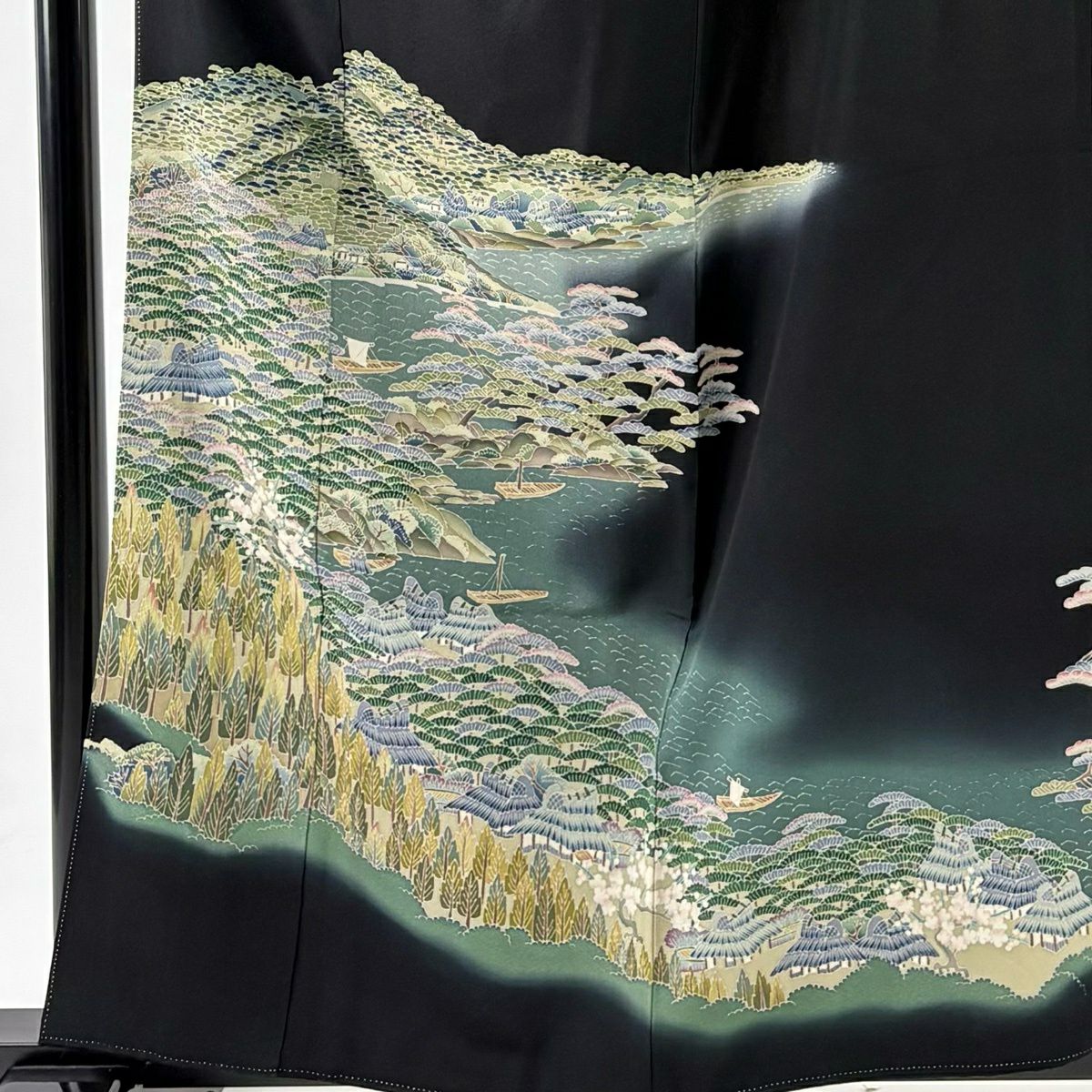 黑留袖禮服 身長159.5cm 袖長64cm M 雙層 有落款 風景 船 漸層 黑 純蠶絲 優品級
