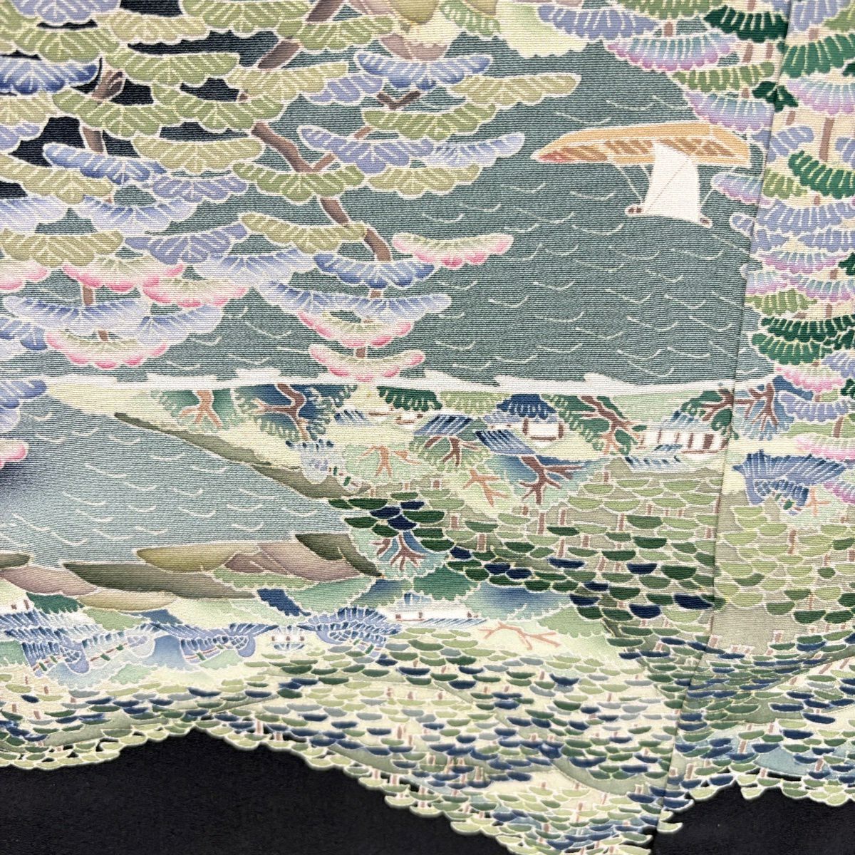 黑留袖禮服 身長159.5cm 袖長64cm M 雙層 有落款 風景 船 漸層 黑 純蠶絲 優品級