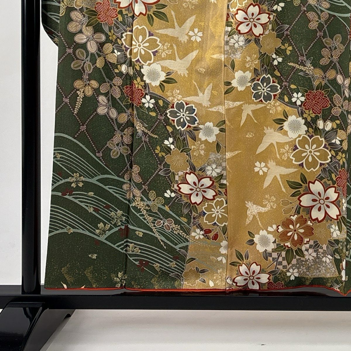 振袖禮服 身長157.5cm 袖長65.5cm M 雙層 鈴乃屋 櫻 仙鶴 金銀彩 米色 純蠶絲 優品級