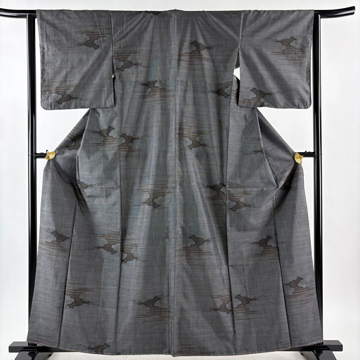 【美品】 大島紬織 身長160cm 袖長63.5cm S 雙層 證書附帶 雲紋 霞 黑灰 純蠶絲 優品級