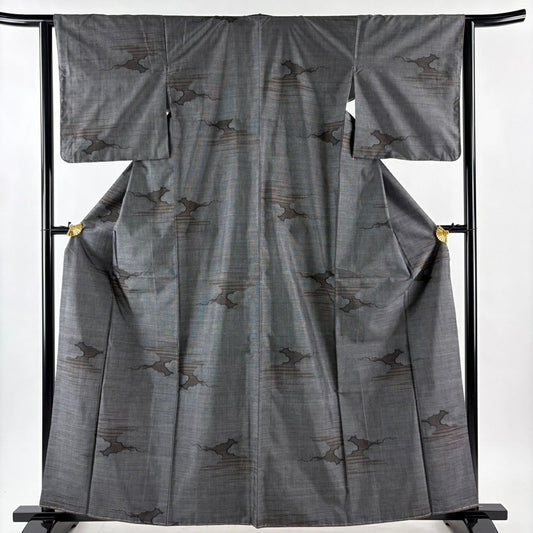 【美品】 大島紬織 身長160cm 袖長63.5cm S 雙層 證書附帶 雲紋 霞 黑灰 純蠶絲 優品級