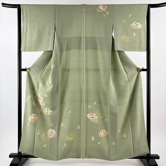 付下 身長160cm 袖長64cm M 雙層 草花紋紋 七寶紋 金絲 金銀彩 抹茶 純蠶絲 秀品級 一個紋