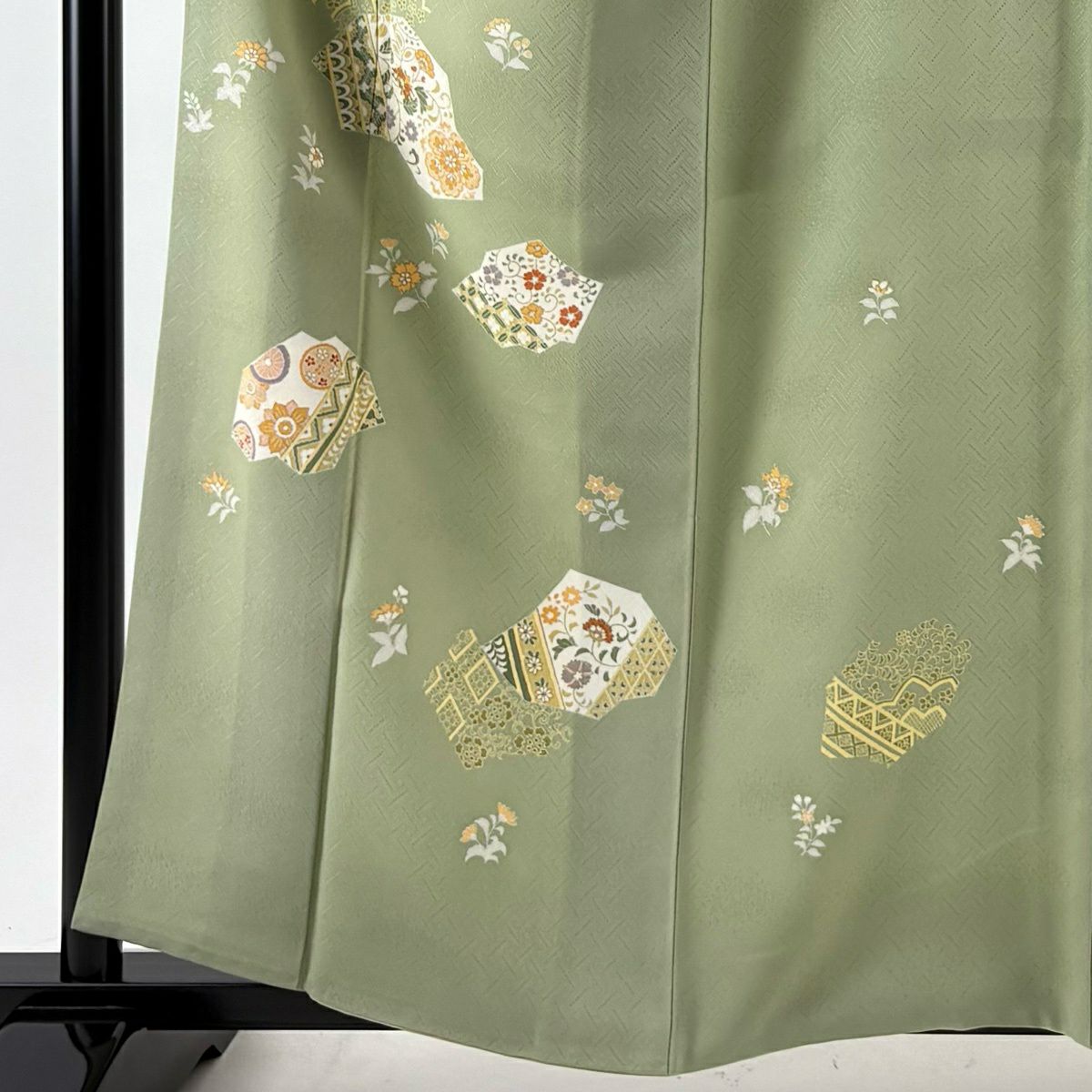 付下 身長160cm 袖長64cm M 雙層 草花紋紋 七寶紋 金絲 金銀彩 抹茶 純蠶絲 秀品級 一個紋