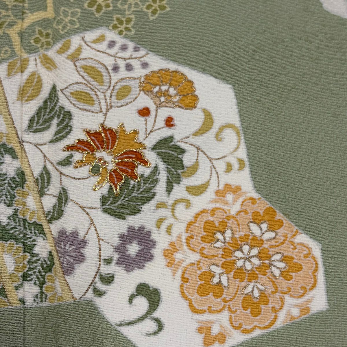 付下 身長160cm 袖長64cm M 雙層 草花紋紋 七寶紋 金絲 金銀彩 抹茶 純蠶絲 秀品級 一個紋
