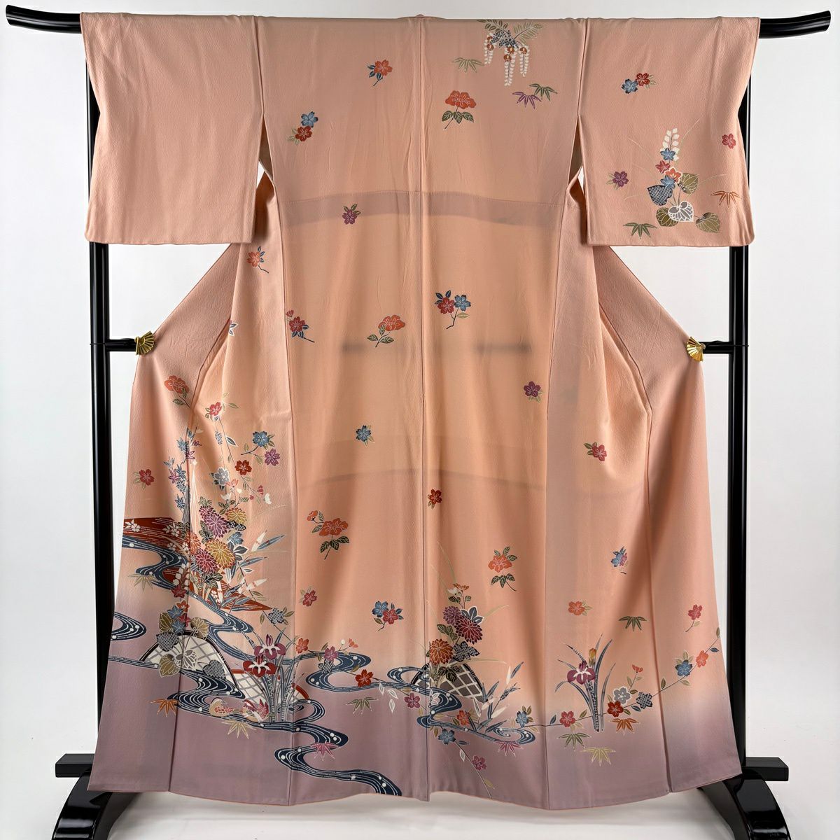 訪問服 身長163cm 袖長68cm L 雙層 菊花 流水 漸層 鮭粉色 純蠶絲 優品級