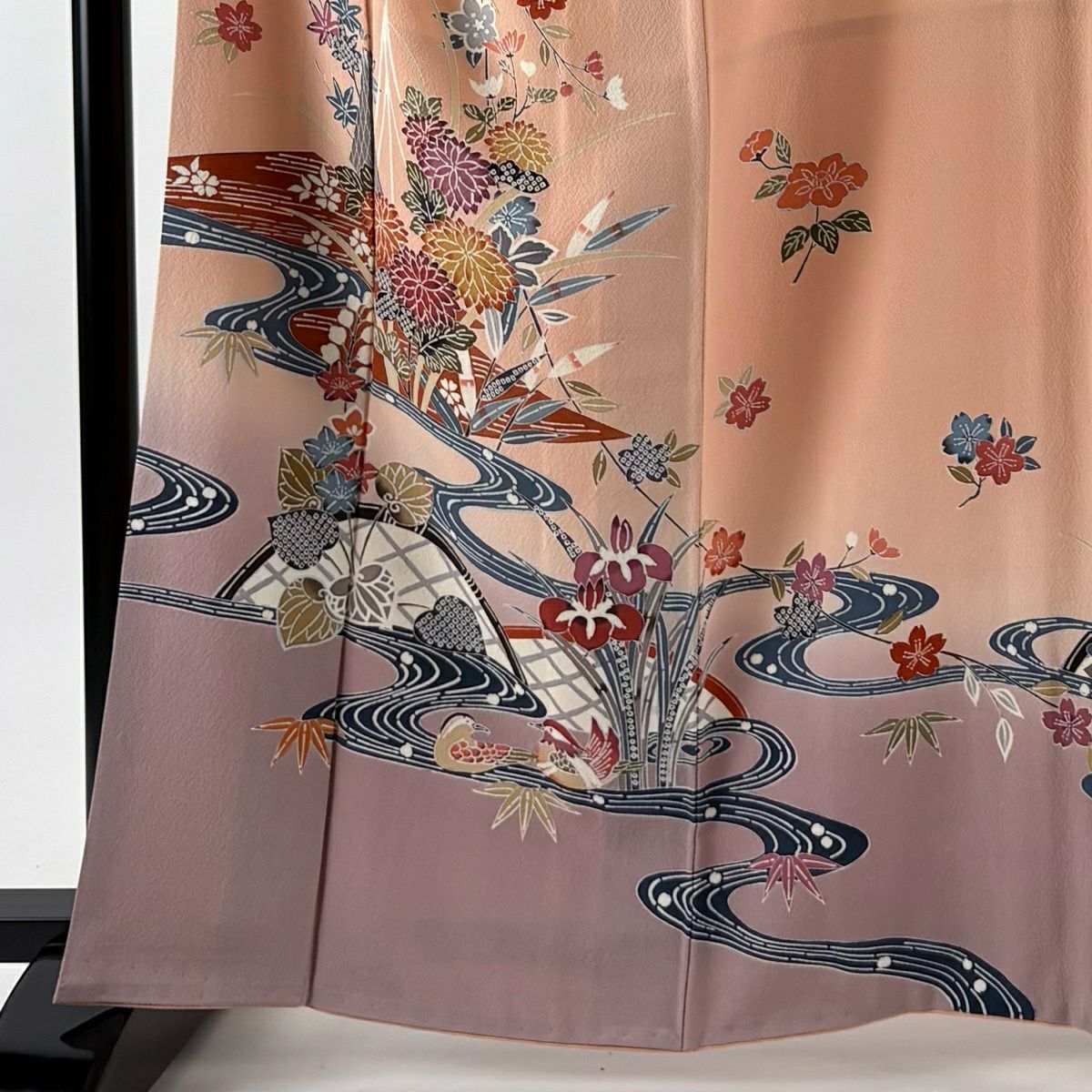 訪問服 身長163cm 袖長68cm L 雙層 菊花 流水 漸層 鮭粉色 純蠶絲 優品級