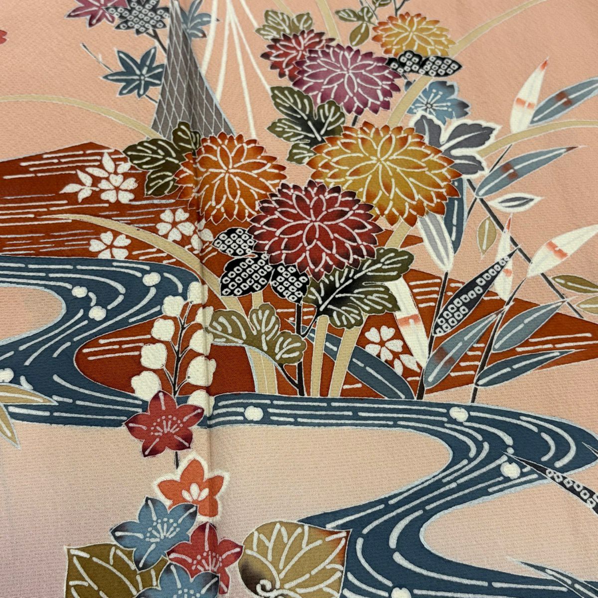 訪問服 身長163cm 袖長68cm L 雙層 菊花 流水 漸層 鮭粉色 純蠶絲 優品級