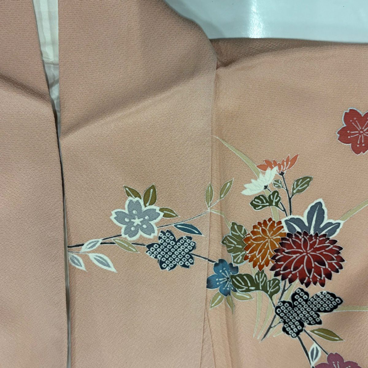 訪問服 身長163cm 袖長68cm L 雙層 菊花 流水 漸層 鮭粉色 純蠶絲 優品級