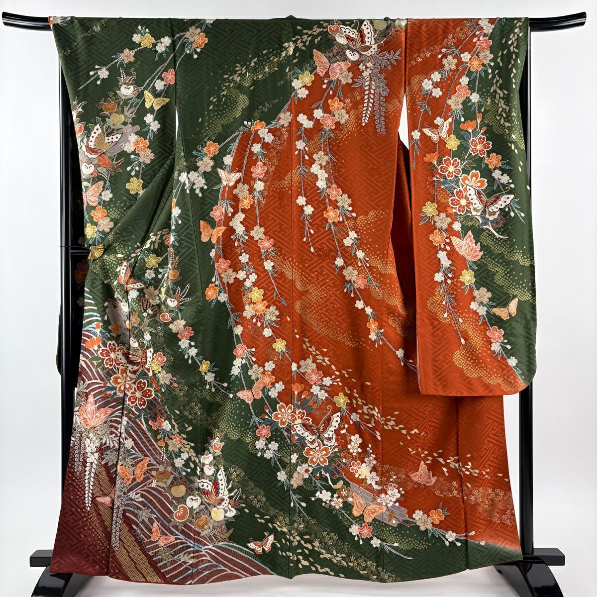 振袖禮服 身長163cm 袖長68.5cm L 雙層 蝶 櫻花 金絲 金銀彩 深綠 純蠶絲 秀品級