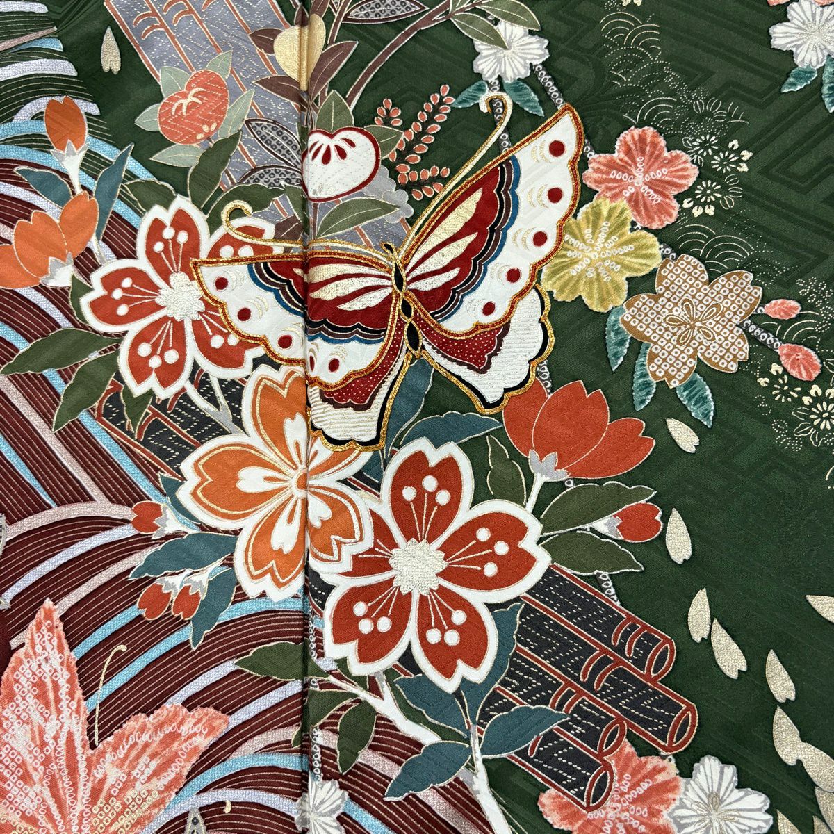 振袖禮服 身長163cm 袖長68.5cm L 雙層 蝶 櫻花 金絲 金銀彩 深綠 純蠶絲 秀品級