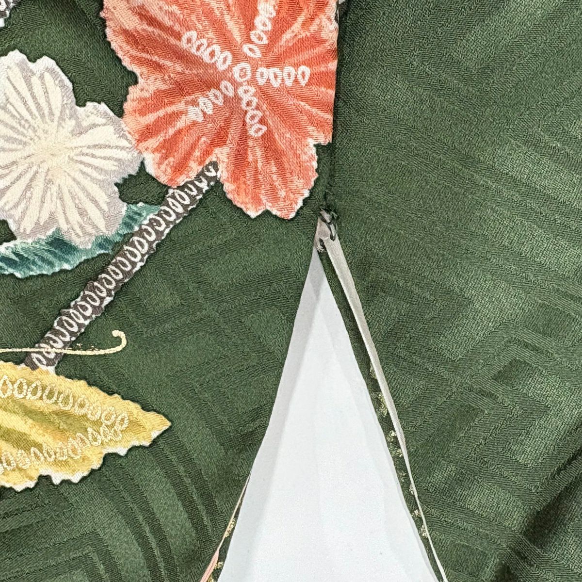 振袖禮服 身長163cm 袖長68.5cm L 雙層 蝶 櫻花 金絲 金銀彩 深綠 純蠶絲 秀品級