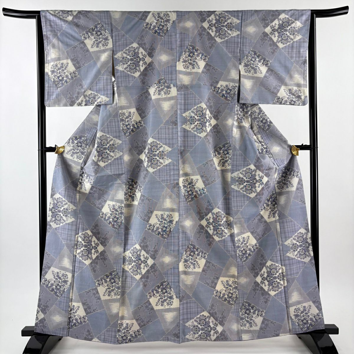 紬織 身長155.5cm 袖長64cm M 雙層 草花紋紋 寄せ柄 淺紫 純蠶絲 秀品級