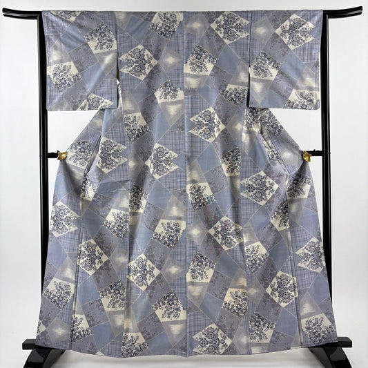 紬織 身長155.5cm 袖長64cm M 雙層 草花紋紋 寄せ柄 淺紫 純蠶絲 秀品級