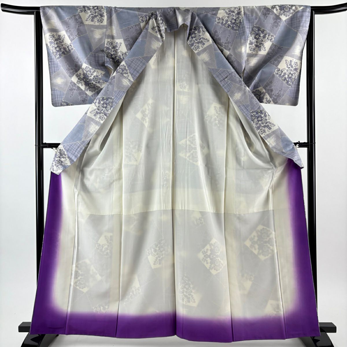 紬織 身長155.5cm 袖長64cm M 雙層 草花紋紋 寄せ柄 淺紫 純蠶絲 秀品級