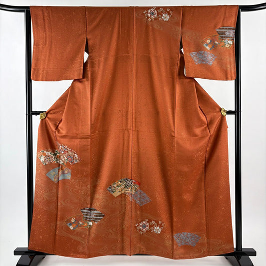 【美品】訪問服 身長160.5cm 袖長64cm M 雙層 扇子面 華紋 金通し 金銀彩 紅茶 純蠶絲 秀品級