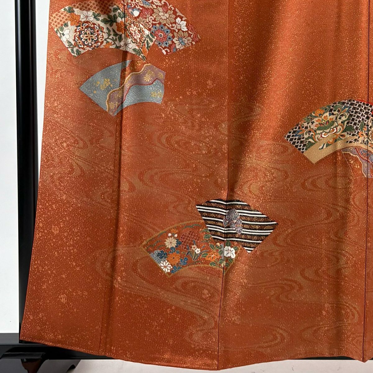 【美品】訪問服 身長160.5cm 袖長64cm M 雙層 扇子面 華紋 金通し 金銀彩 紅茶 純蠶絲 秀品級