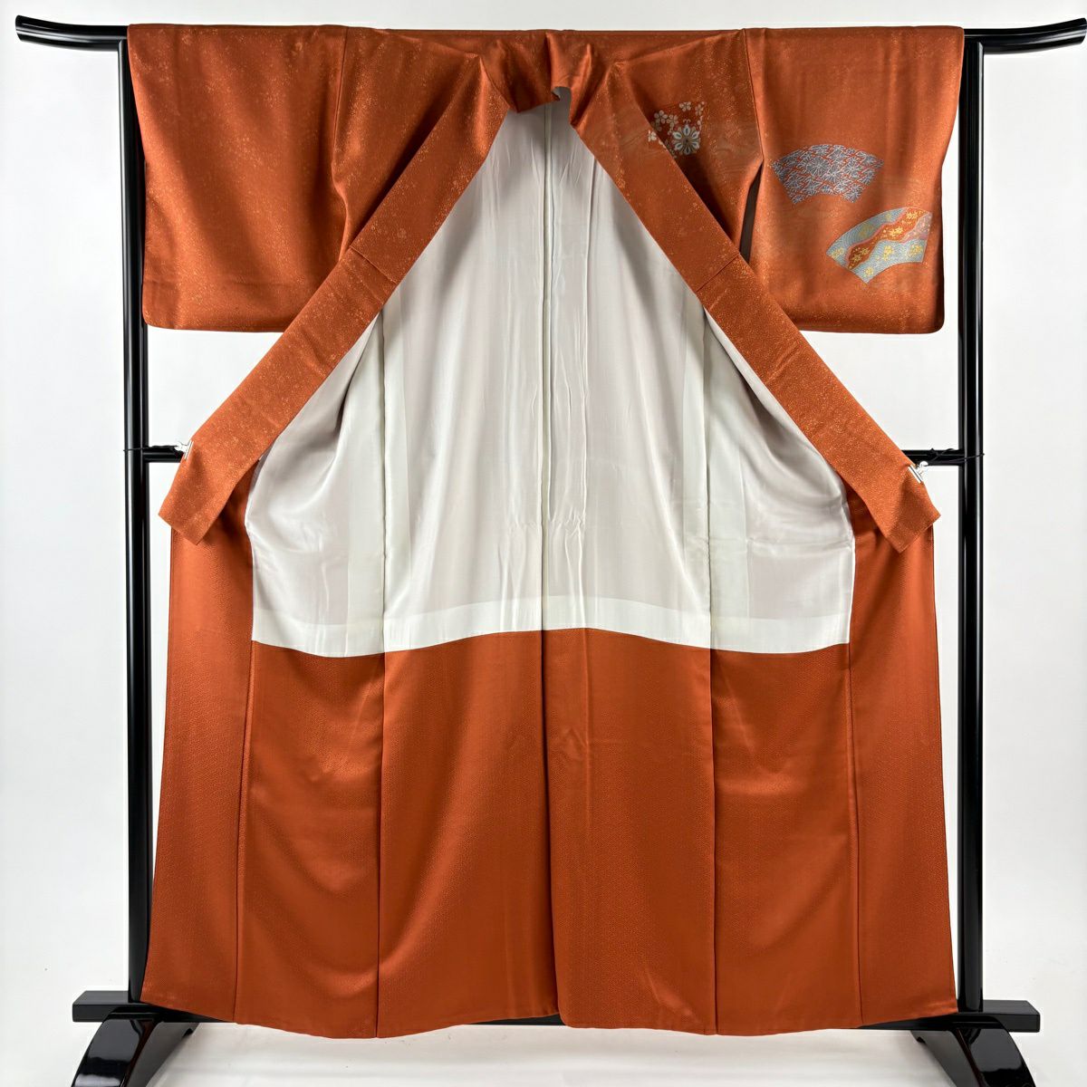 【美品】訪問服 身長160.5cm 袖長64cm M 雙層 扇子面 華紋 金通し 金銀彩 紅茶 純蠶絲 秀品級