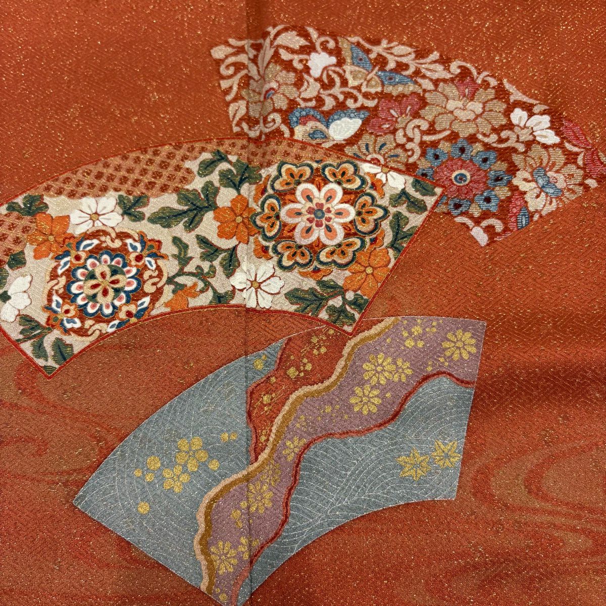 【美品】訪問服 身長160.5cm 袖長64cm M 雙層 扇子面 華紋 金通し 金銀彩 紅茶 純蠶絲 秀品級