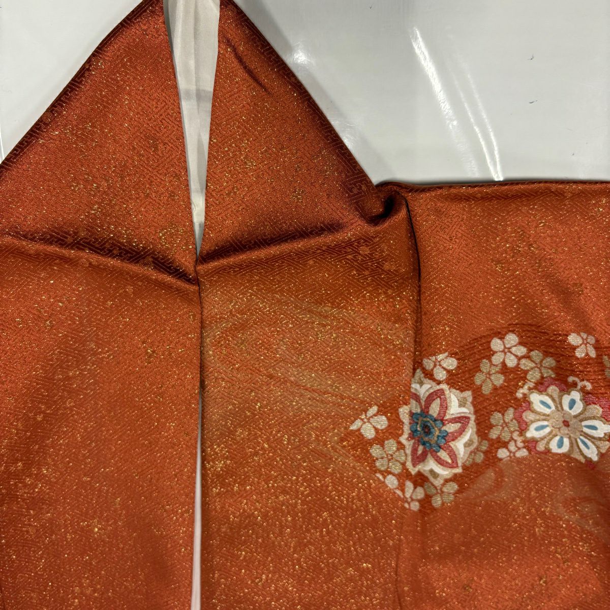 【美品】訪問服 身長160.5cm 袖長64cm M 雙層 扇子面 華紋 金通し 金銀彩 紅茶 純蠶絲 秀品級