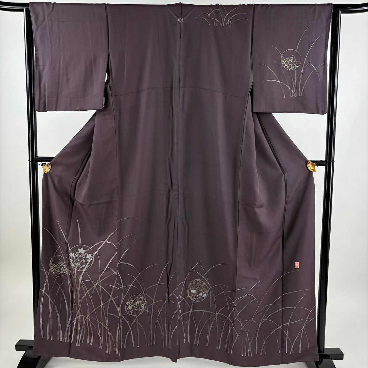 訪問服 身長160.5cm 袖長63.5cm S 雙層 北大路魯山人 落款あり 圓紋 草花紋紋 紫 純蠶絲 名品級 一つ紋