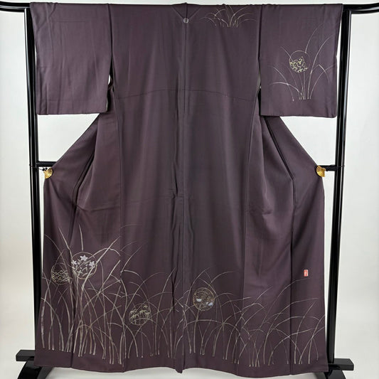 訪問服 身長160.5cm 袖長63.5cm S 雙層 北大路魯山人 落款あり 圓紋 草花紋紋 紫 純蠶絲 名品級 一つ紋