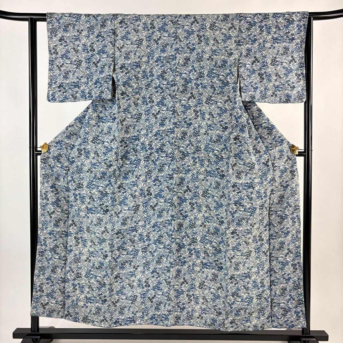 小紋 身長154.5cm 袖長61.5cm S 雙層 桔梗 萩 絞緬 本草純蠶絲藍染 青灰 純蠶絲 名品級
