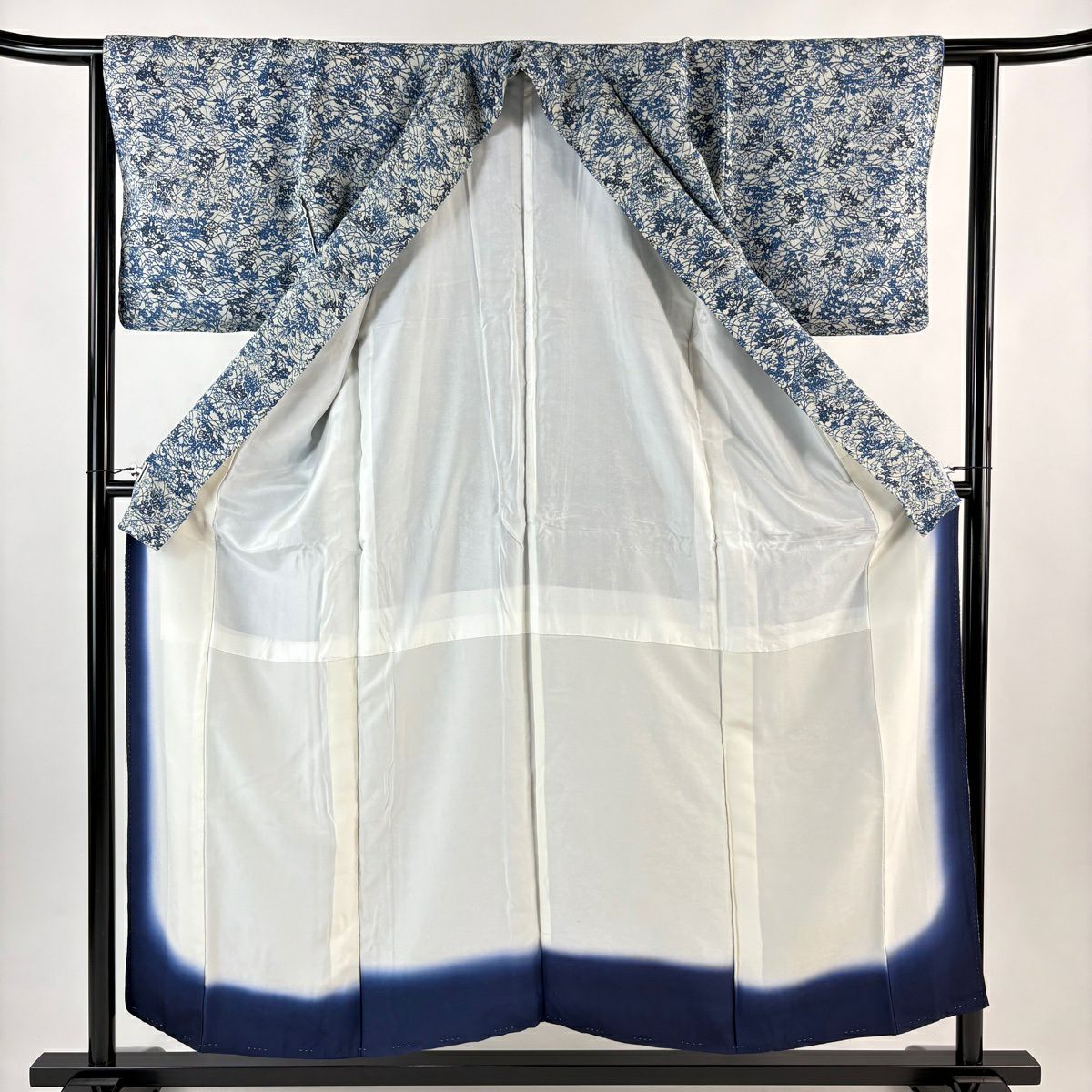 小紋 身長154.5cm 袖長61.5cm S 雙層 桔梗 萩 絞緬 本草純蠶絲藍染 青灰 純蠶絲 名品級